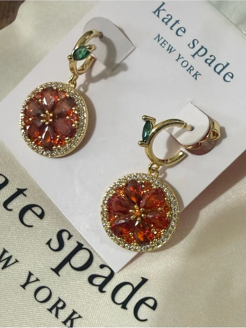KATE SPADE Citrus Orange Gold Drop huggie Earrings with Orange and Green Stones